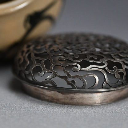 Asahi Yaki Koro with Silver Lid Decorated ー竹内 栖鳳