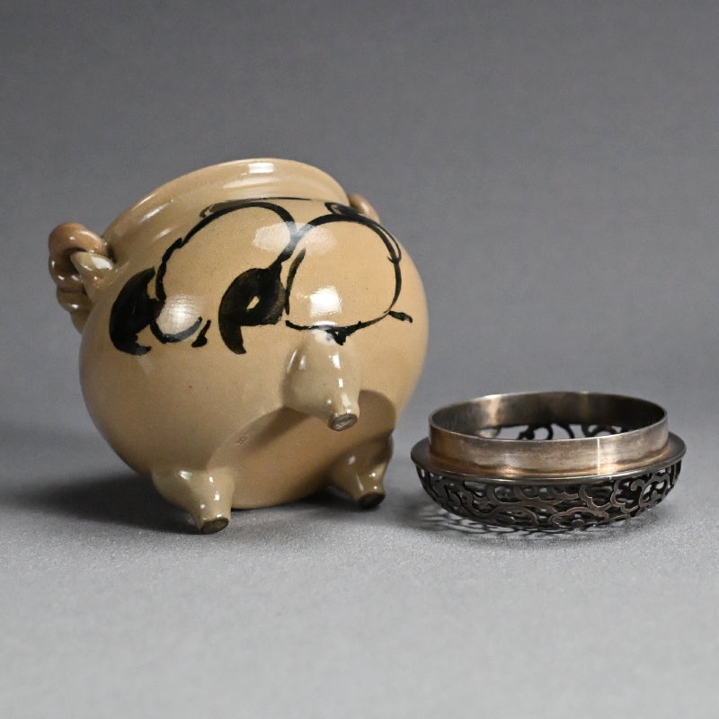 Asahi Yaki Koro with Silver Lid Decorated ー竹内 栖鳳