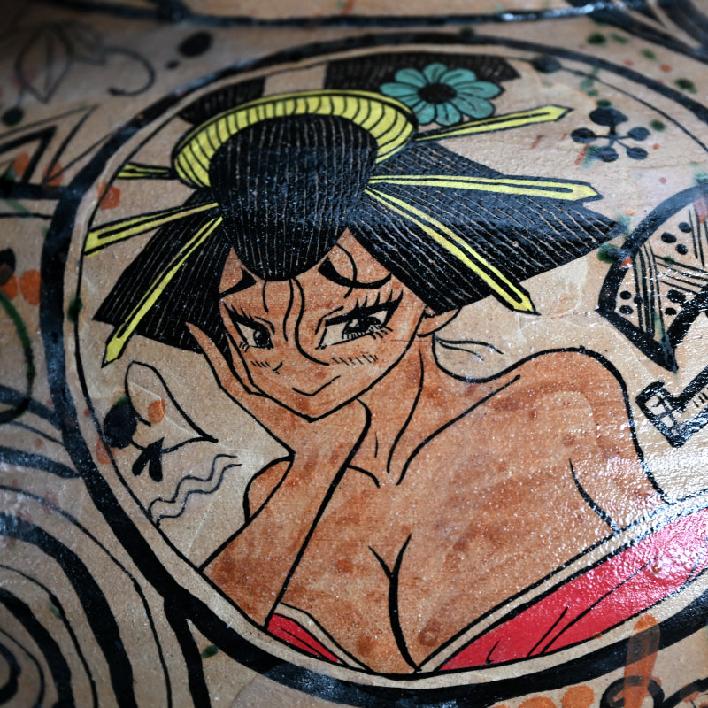 Yahichide Manga Oribe Vase ー深見 文紀 “弥七田漫画織部”