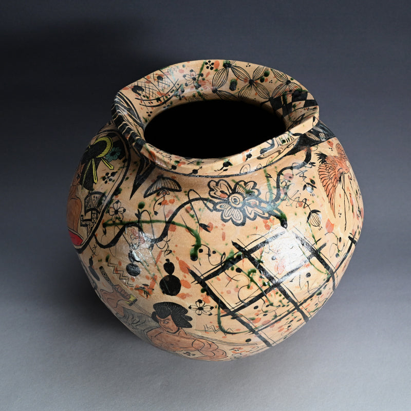 Yahichide Manga Oribe Vase ー深見 文紀 “弥七田漫画織部”