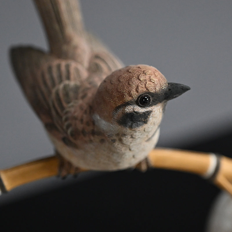 Carved Wood Sculpture, Winter Sparrow ー神保 雅 “寒雀”