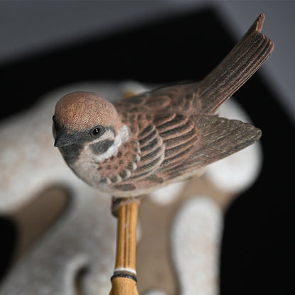 Carved Wood Sculpture, Winter Sparrow ー神保 雅 “寒雀”