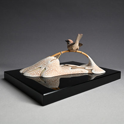 Carved Wood Sculpture, Winter Sparrow ー神保 雅 “寒雀”