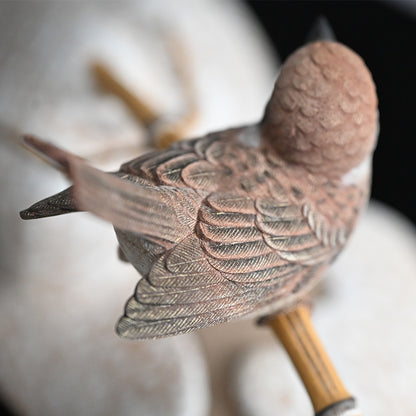 Carved Wood Sculpture, Winter Sparrow ー神保 雅 “寒雀”