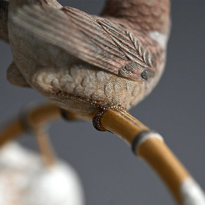 Carved Wood Sculpture, Winter Sparrow ー神保 雅 “寒雀”