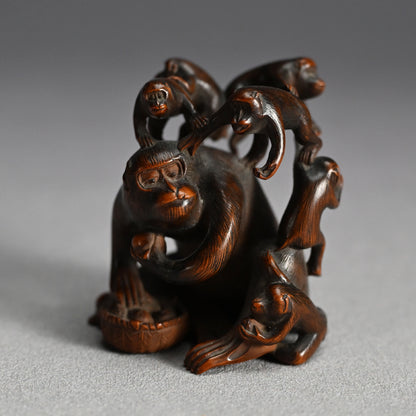 Carved Wooden Monkey Troop Stand for Crystal Ball