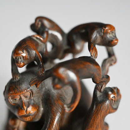 Carved Wooden Monkey Troop Stand for Crystal Ball