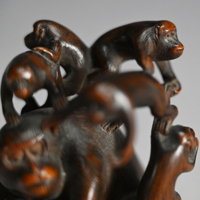 Carved Wooden Monkey Troop Stand for Crystal Ball