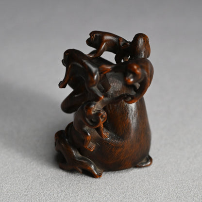 Carved Wooden Monkey Troop Stand for Crystal Ball