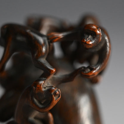 Carved Wooden Monkey Troop Stand for Crystal Ball