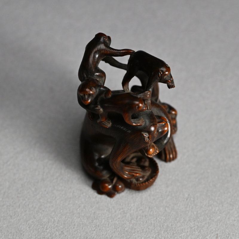 Carved Wooden Monkey Troop Stand for Crystal Ball