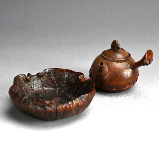 Antique Japanese Bamboo Sencha Teapot and Dish