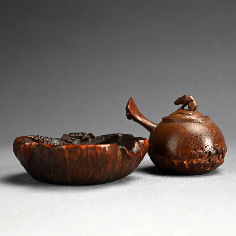 Antique Japanese Bamboo Sencha Teapot and Dish