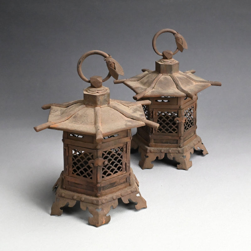 Unusual Pair of Iron Semi Toro Japanese Iron Lanterns