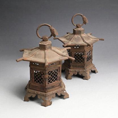 Unusual Pair of Iron Semi Toro Japanese Iron Lanterns