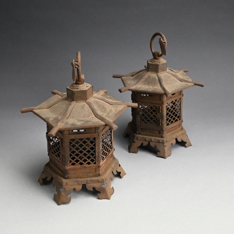 Unusual Pair of Iron Semi Toro Japanese Iron Lanterns