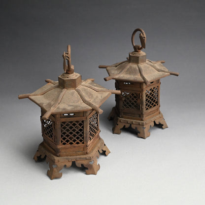 Unusual Pair of Iron Semi Toro Japanese Iron Lanterns
