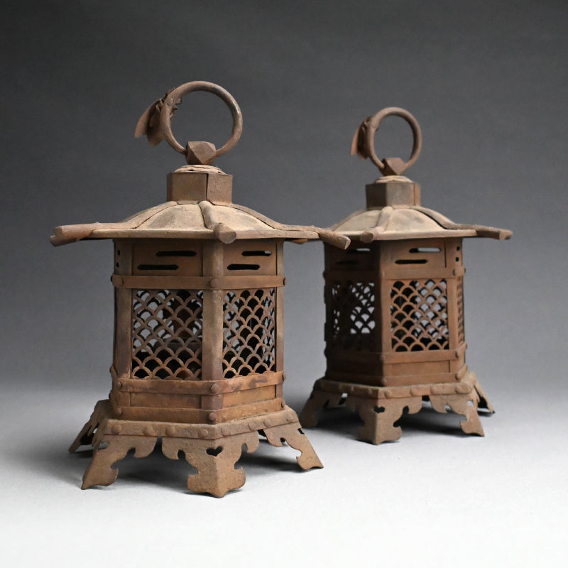 Unusual Pair of Iron Semi Toro Japanese Iron Lanterns