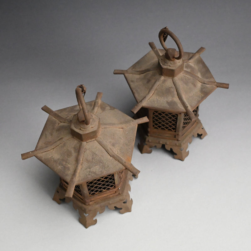 Unusual Pair of Iron Semi Toro Japanese Iron Lanterns
