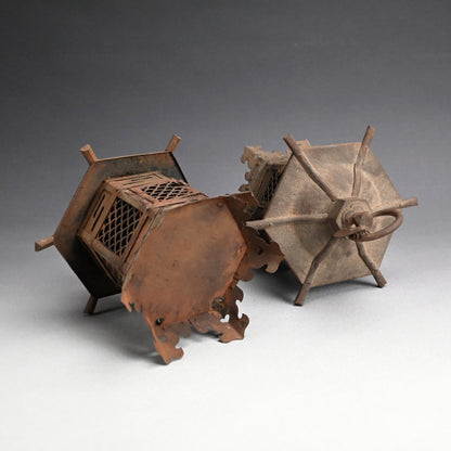 Unusual Pair of Iron Semi Toro Japanese Iron Lanterns