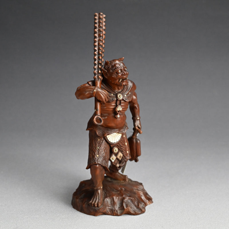 Carved Meiji p. Wood Oni With Kanabo Club, by Meizan