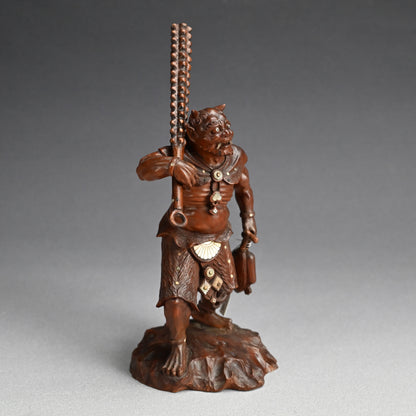 Carved Meiji p. Wood Oni With Kanabo Club, by Meizan