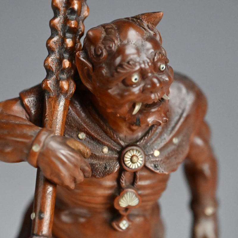 Carved Meiji p. Wood Oni With Kanabo Club, by Meizan