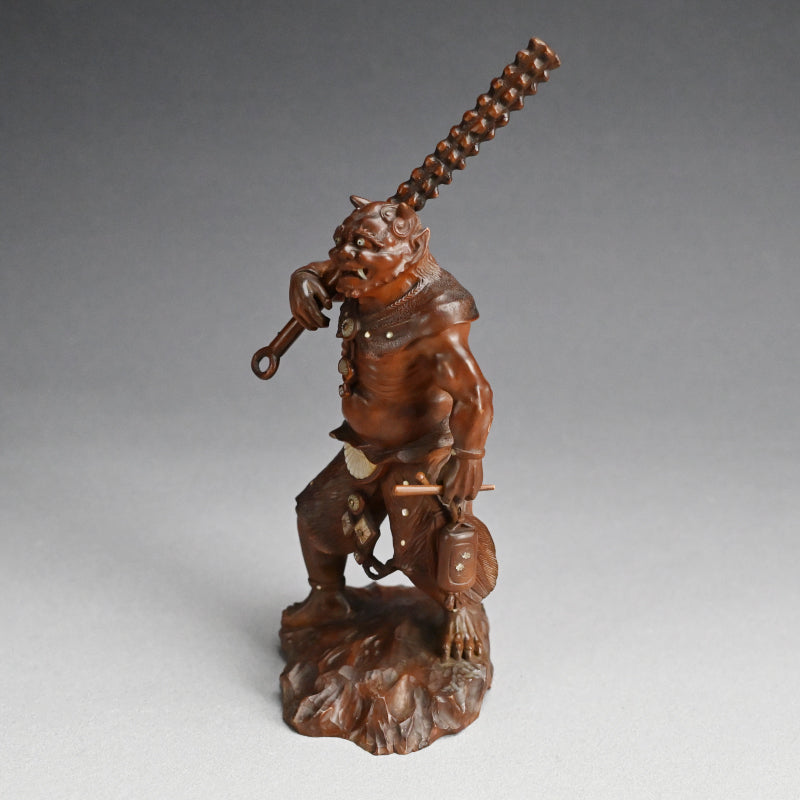 Carved Meiji p. Wood Oni With Kanabo Club, by Meizan