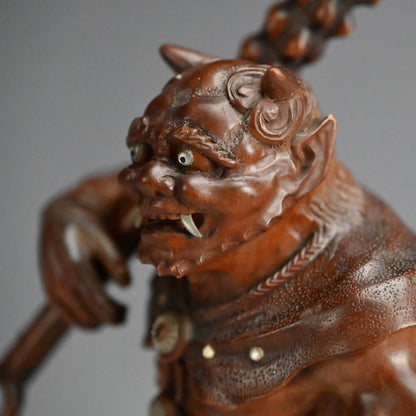 Carved Meiji p. Wood Oni With Kanabo Club, by Meizan