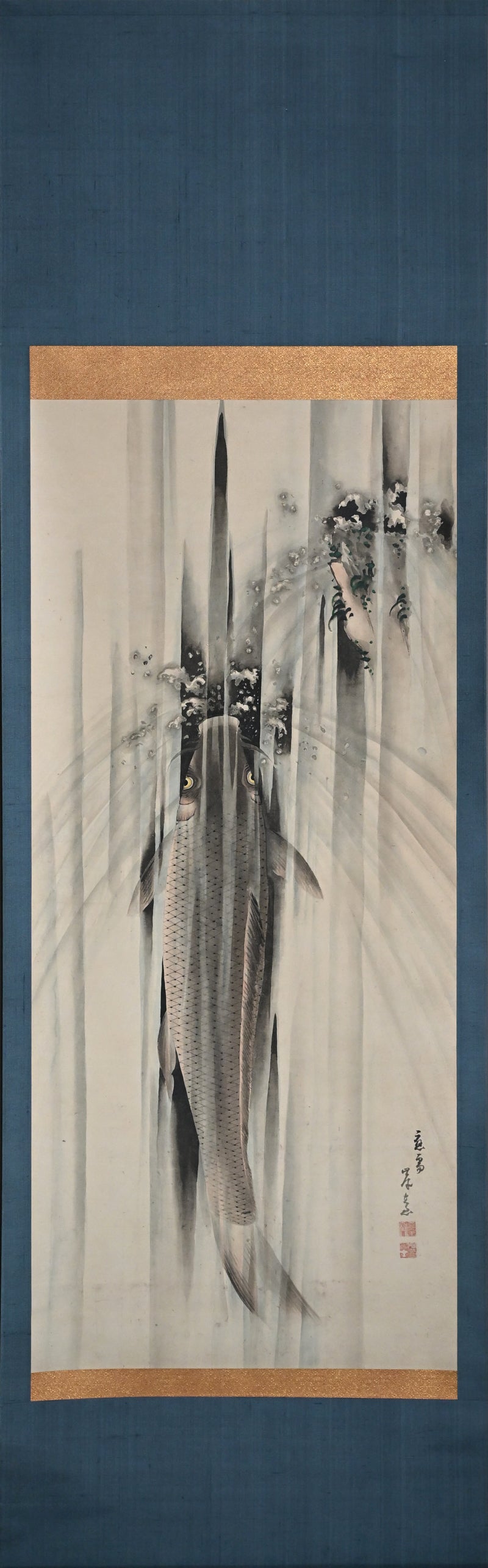 Edo p. Koi Nobori Leaping Carp Pair of Kishi School Scrolls ー“鯉瀧登二幅"