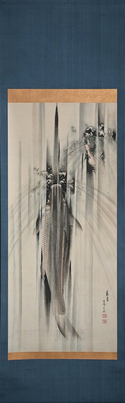 Edo p. Koi Nobori Leaping Carp Pair of Kishi School Scrolls ー“鯉瀧登二幅"