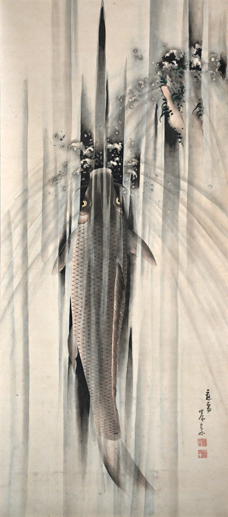 Edo p. Koi Nobori Leaping Carp Pair of Kishi School Scrolls ー“鯉瀧登二幅"