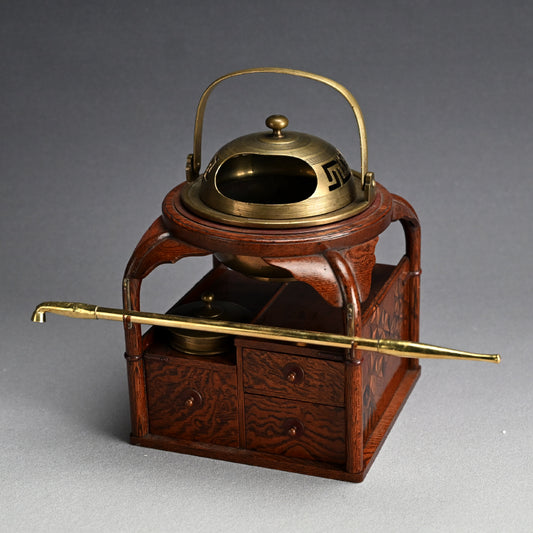 Elegant Antique Japanese Inlayed Wood Smoking Set
