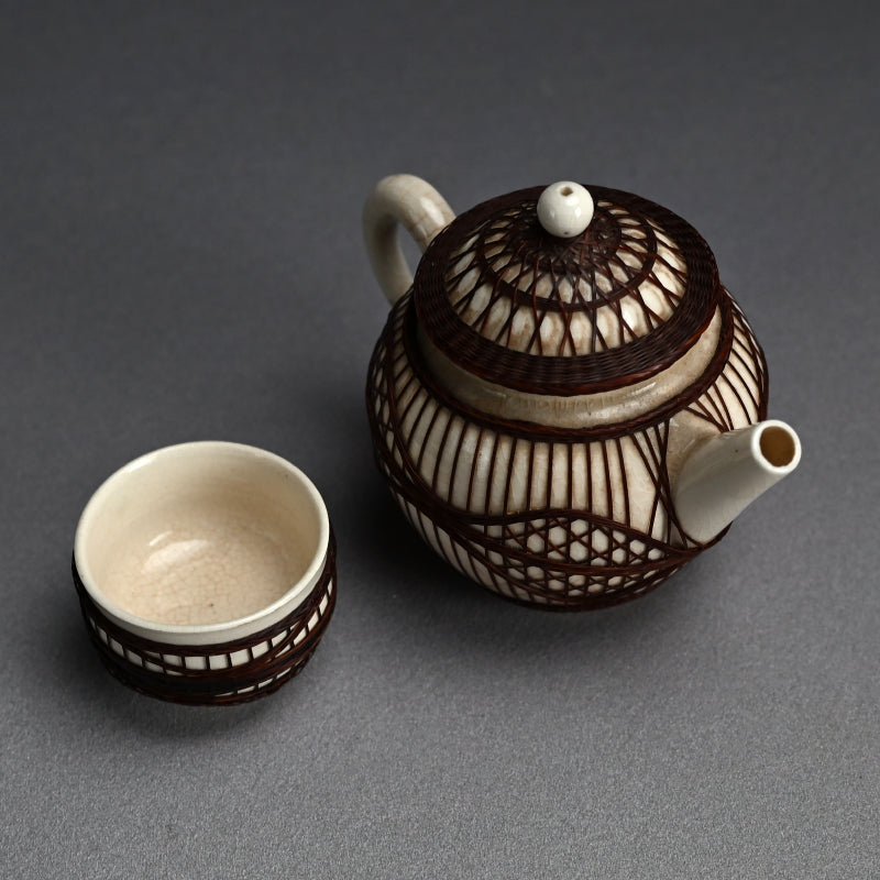 Rare Bamboo Bound Tankoji Porcelain Tea set