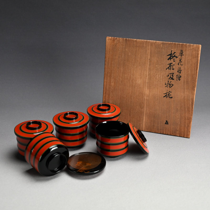 Set 5 Exquisite Kyoto Lacquer Kaiseki Soup Bowls
