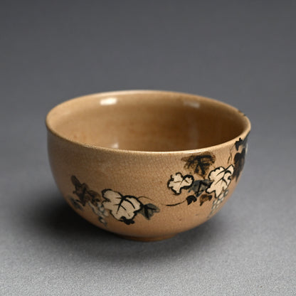 Antique Japanese Ninsei Pottery Tea Bowl with Grapes