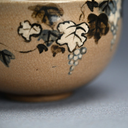 Antique Japanese Ninsei Pottery Tea Bowl with Grapes