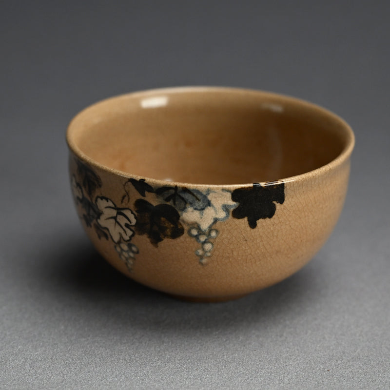 Antique Japanese Ninsei Pottery Tea Bowl with Grapes
