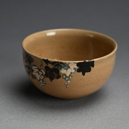 Antique Japanese Ninsei Pottery Tea Bowl with Grapes