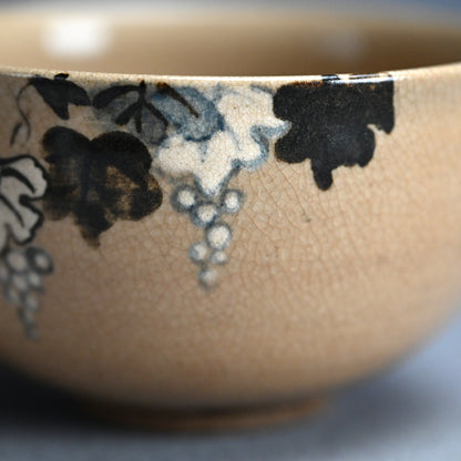 Antique Japanese Ninsei Pottery Tea Bowl with Grapes