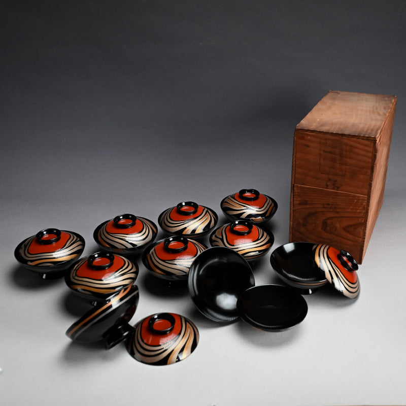 Set 10 Mid-Century Design Wajima Lacquer Bowls ー輪島塗 加藤 正 “御吸物椀”