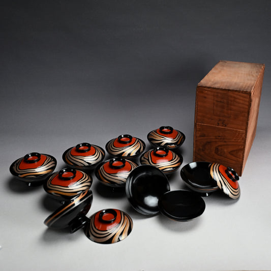 Set 10 Mid-Century Design Wajima Lacquer Bowls ー輪島塗 加藤 正 “御吸物椀”