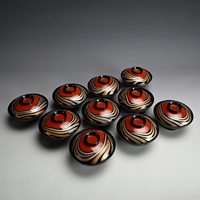 Set 10 Mid-Century Design Wajima Lacquer Bowls ー輪島塗 加藤 正 “御吸物椀”
