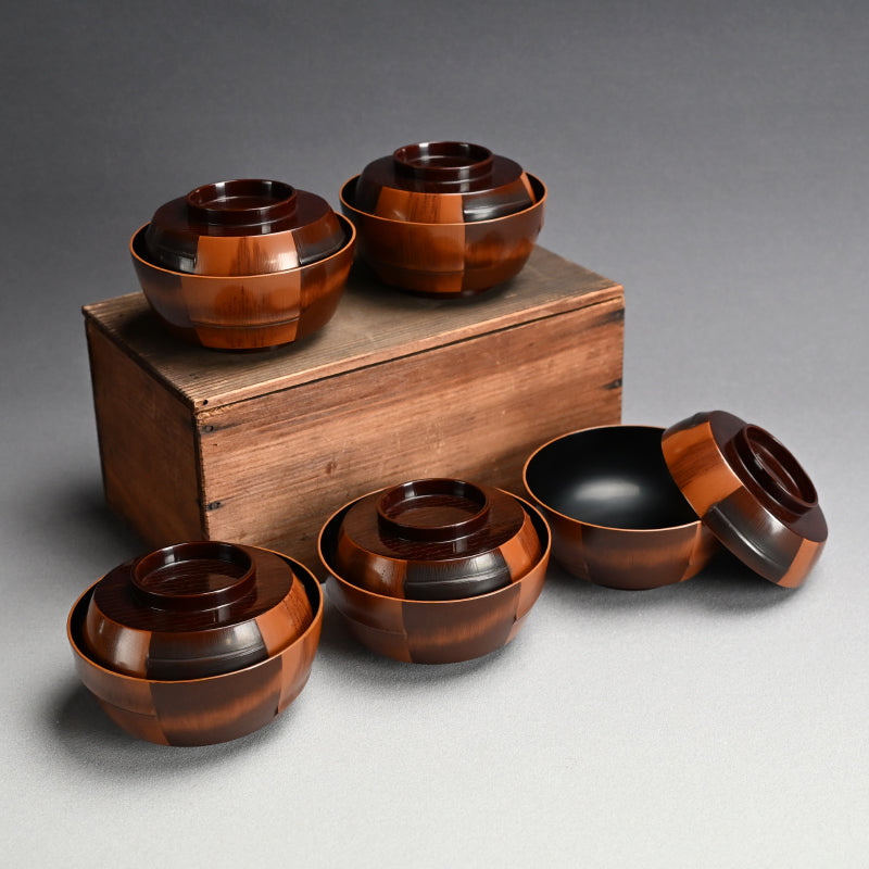 Set 5 Antique Lacquer “Bamboo” Bowls by Chikushin