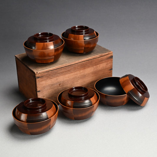 Set 5 Antique Lacquer “Bamboo” Bowls by Chikushin