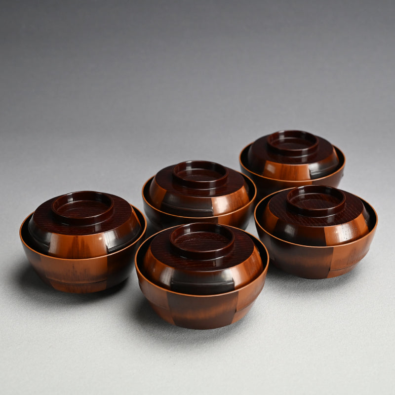 Set 5 Antique Lacquer “Bamboo” Bowls by Chikushin