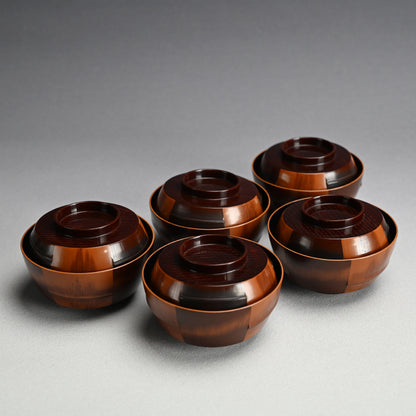 Set 5 Antique Lacquer “Bamboo” Bowls by Chikushin