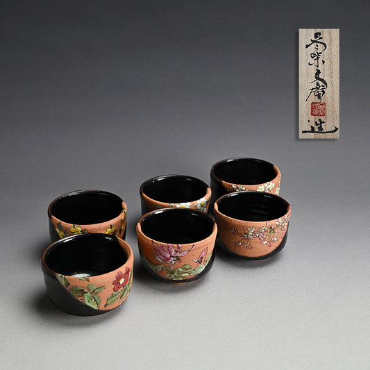 Set of 6 Chawan Tea Bowls ー露光窯 冬柴 文廣 “釉描彩 春冬茶盌”