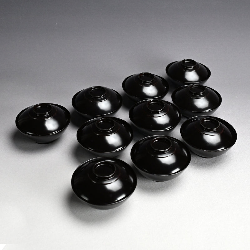 Set 10 Antique Lacquer Soup Bowls, Elegant Plum Motif