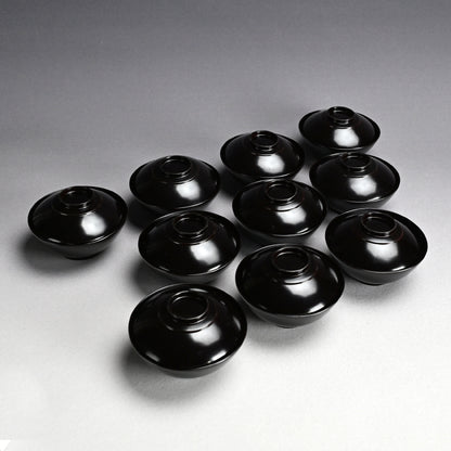 Set 10 Antique Lacquer Soup Bowls, Elegant Plum Motif